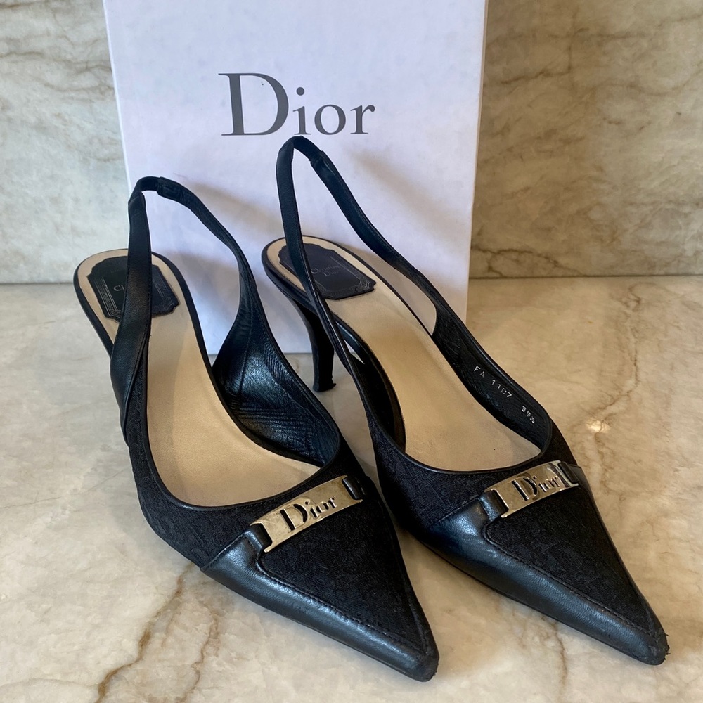 Vintage Christian Dior Black Monogram Slingback Pumps